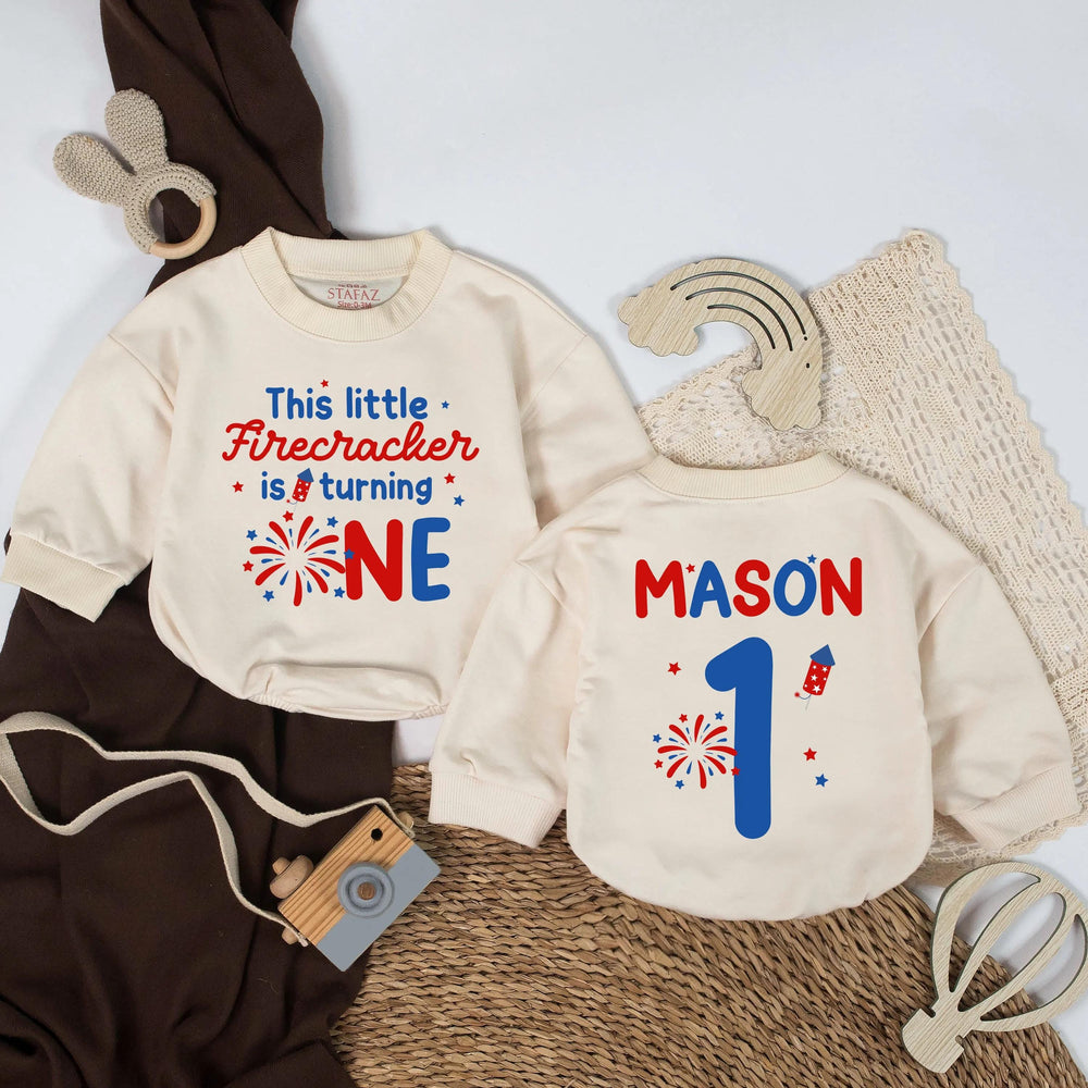 Personalized Little Firecracker First Birthday Outfit for Baby Boy or Girl, Red and Blue 4th of July Romper with Name and Number 1