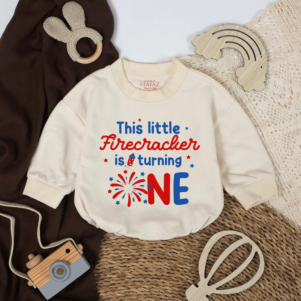 Personalized Little Firecracker First Birthday Outfit for Baby Boy or Girl, Red and Blue 4th of July Romper with Name and Number 1