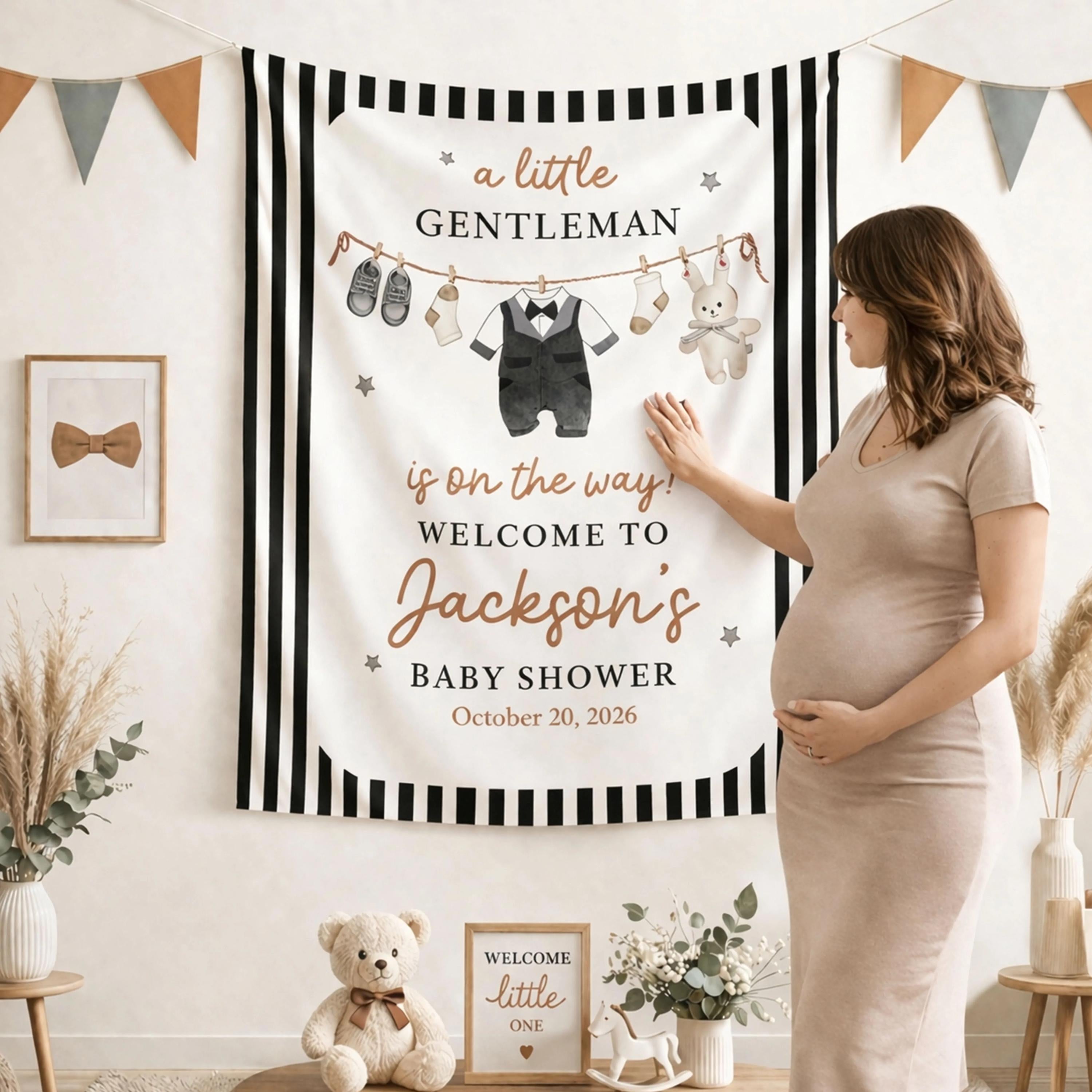 Personalized Little Gentleman Baby Shower Banner with Name and Date, Elegant Black and Copper Baby Boy Party Decoration with Tuxedo and Bunny