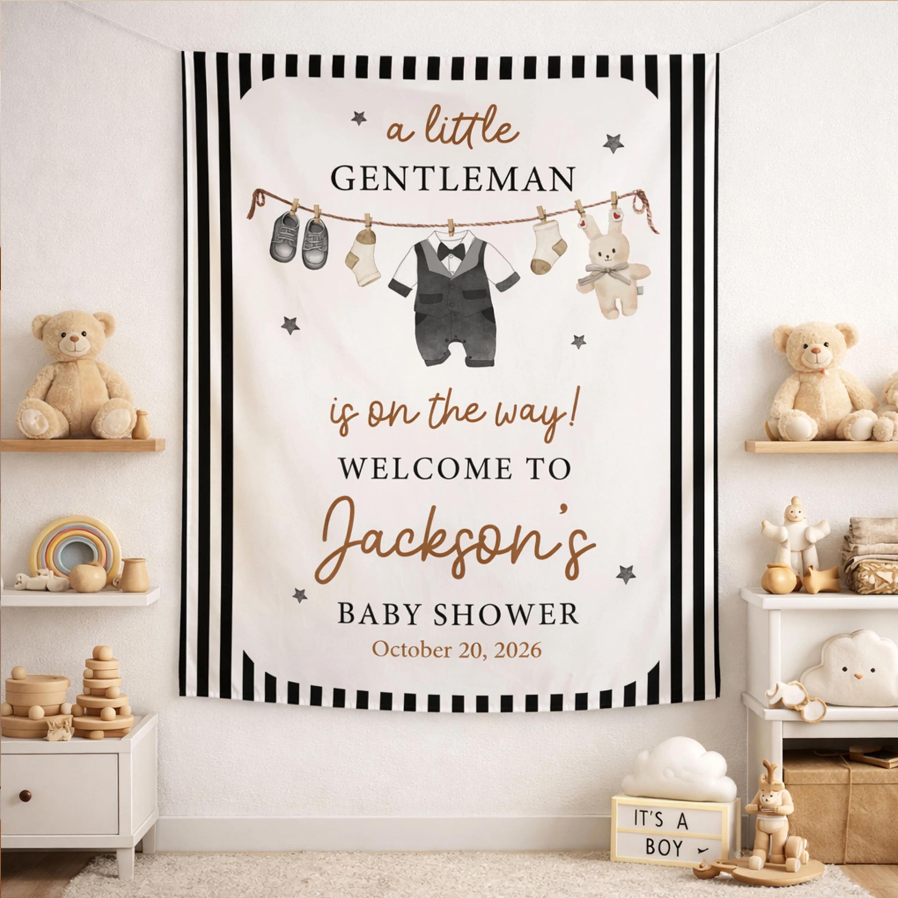Personalized Little Gentleman Baby Shower Banner with Name and Date, Elegant Black and Copper Baby Boy Party Decoration with Tuxedo and Bunny