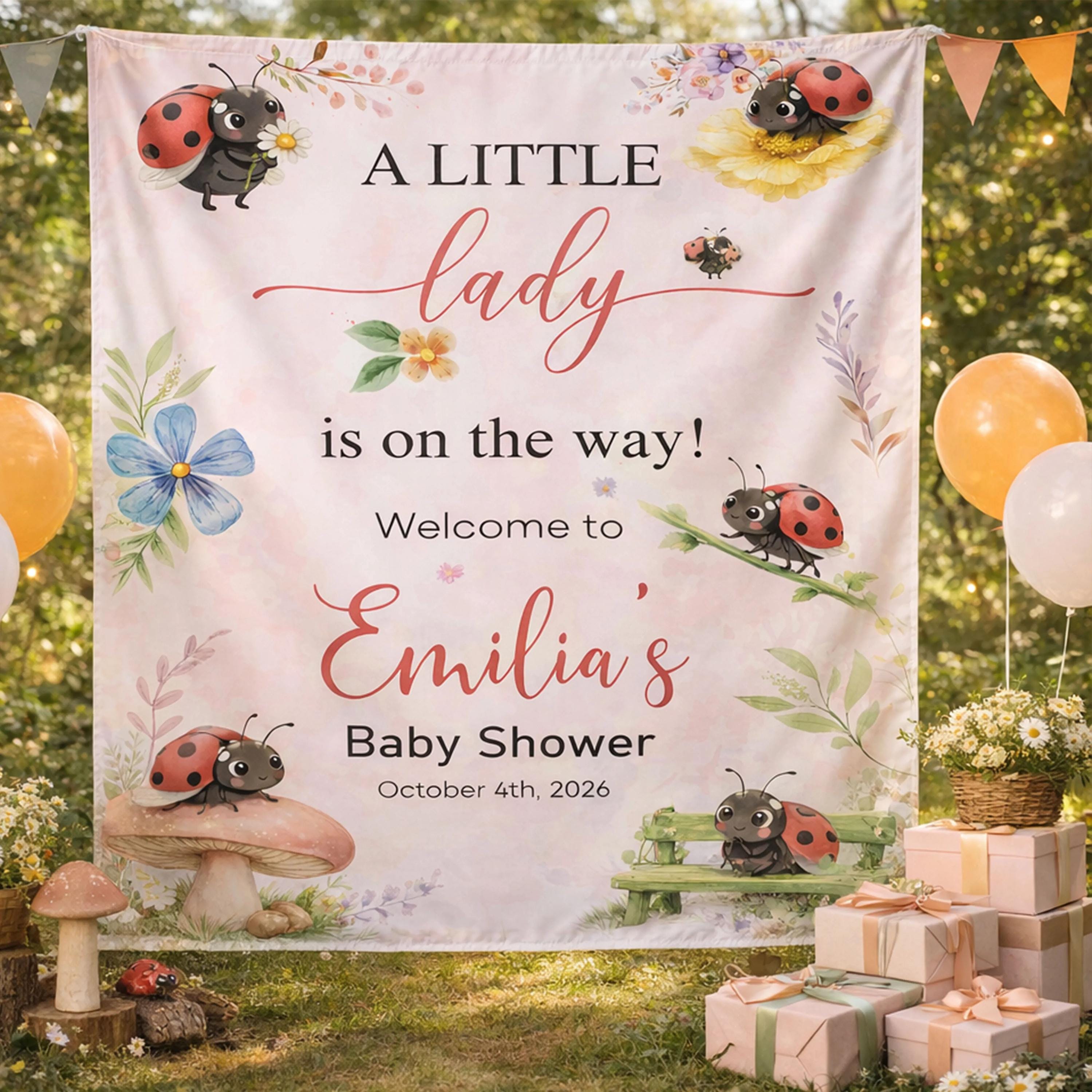 Personalized A Little Lady Baby Shower Banner with Ladybugs Custom Name Pink Pastel Decor Girl Party Backdrop Nature-Inspired Design