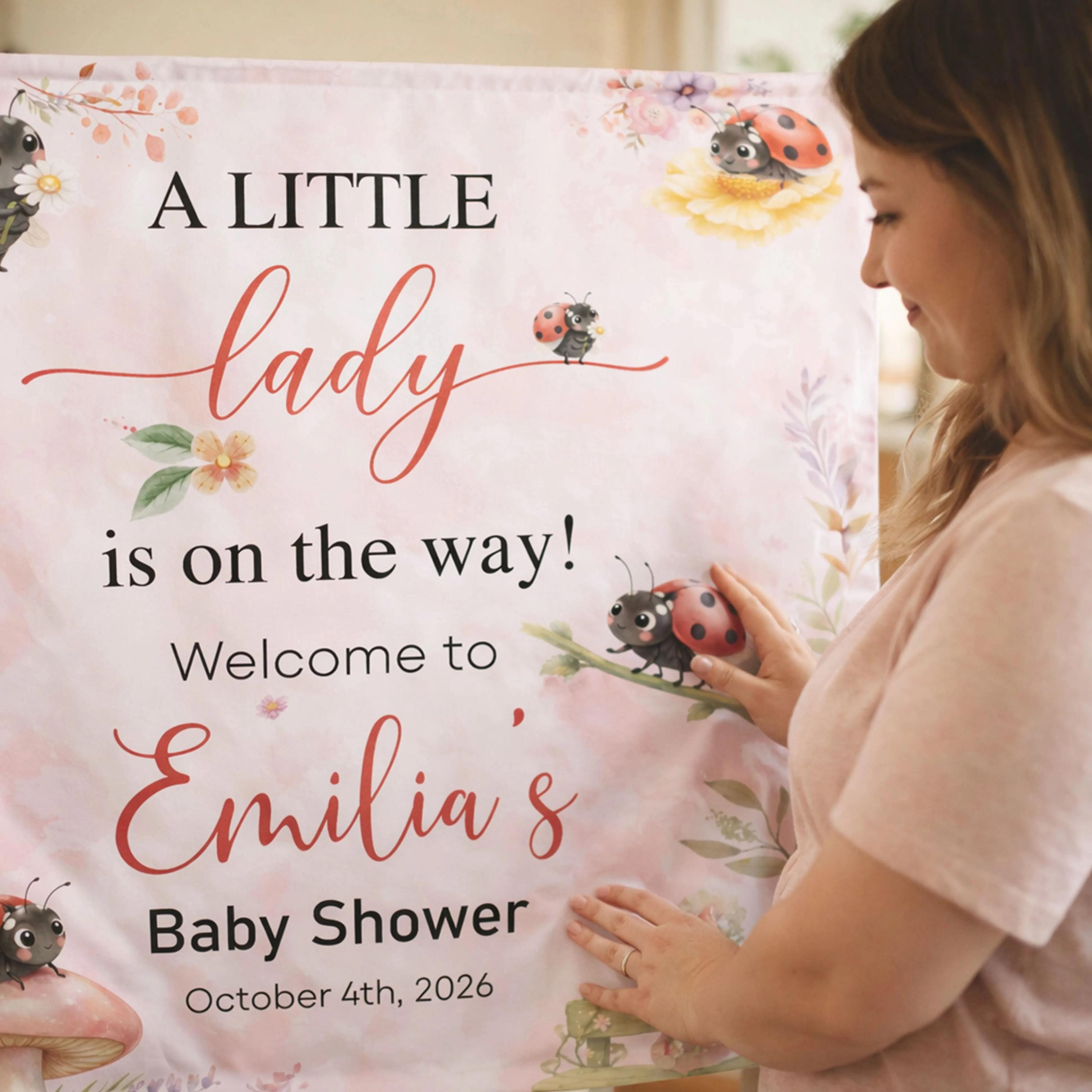 Personalized A Little Lady Baby Shower Banner with Ladybugs Custom Name Pink Pastel Decor Girl Party Backdrop Nature-Inspired Design