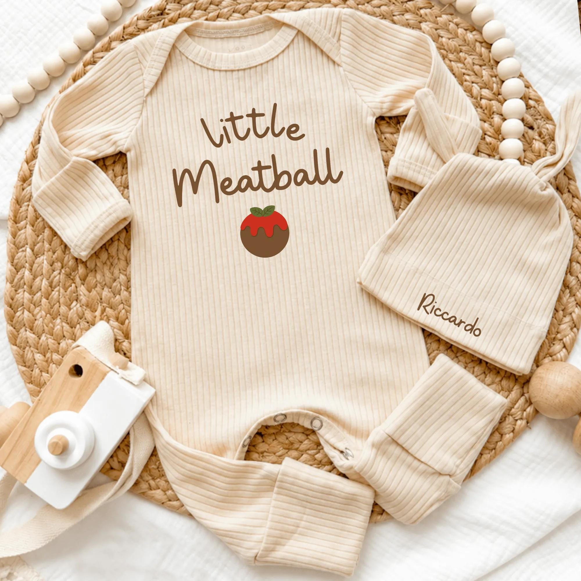 Personalized Little Meatball Baby Bodysuit and Hat Set, Custom Newborn Coming Home Outfit, Soft Cotton Infant Gift for Italian Families