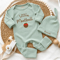 Personalized Little Meatball Baby Bodysuit and Hat Set, Custom Newborn Coming Home Outfit, Soft Cotton Infant Gift for Italian Families