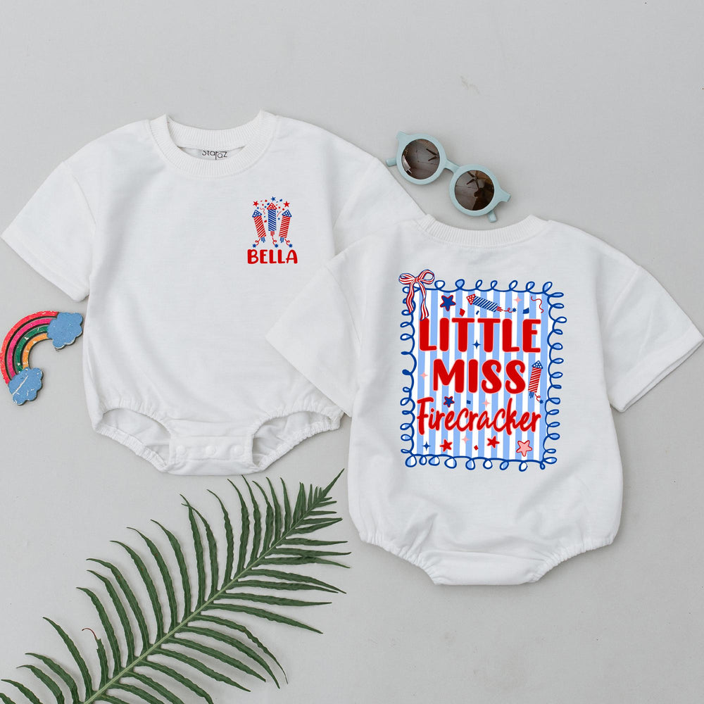 Personalized Little Miss Firecracker Baby Romper with Name, 4th of July Outfit for Girls, Patriotic Infant Clothes, Holiday Fireworks Design