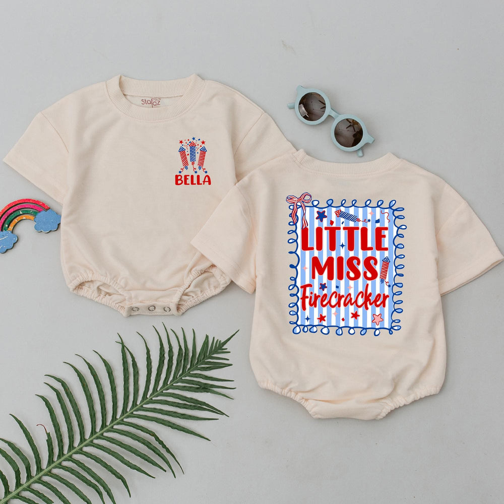 Personalized Little Miss Firecracker Baby Romper with Name, 4th of July Outfit for Girls, Patriotic Infant Clothes, Holiday Fireworks Design