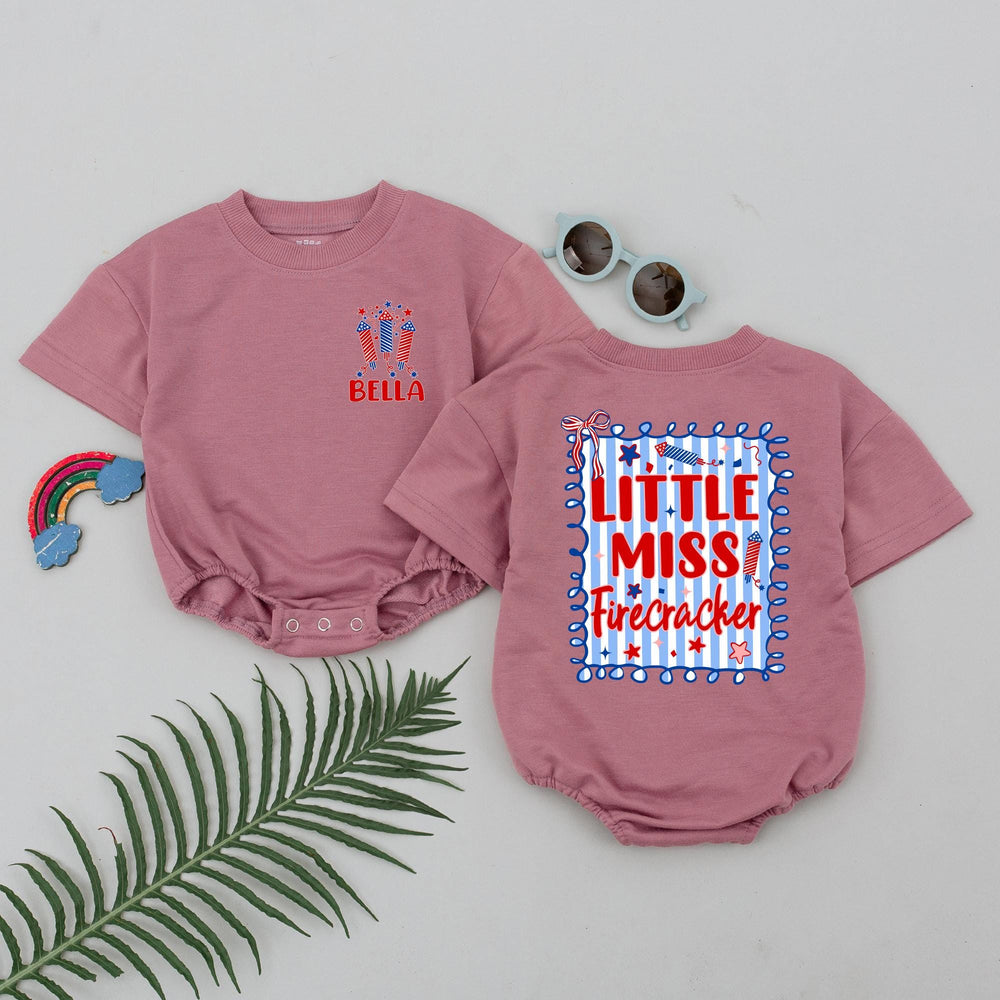 Personalized Little Miss Firecracker Baby Romper with Name, 4th of July Outfit for Girls, Patriotic Infant Clothes, Holiday Fireworks Design