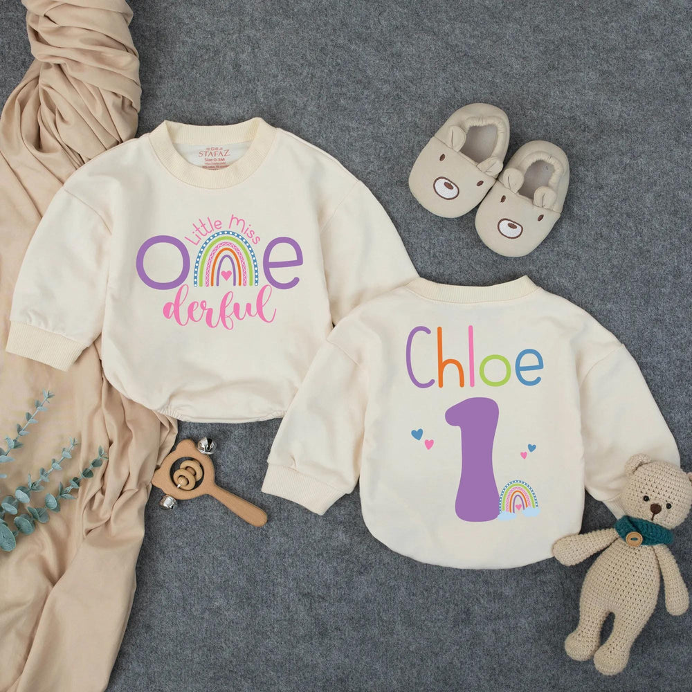 Personalized Little Miss Onederful Birthday Romper with Rainbow Design First Birthday Outfit for Baby Girl Custom Name Party Gift