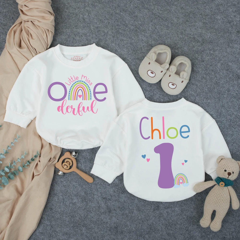 Personalized Little Miss Onederful Birthday Romper with Rainbow Design First Birthday Outfit for Baby Girl Custom Name Party Gift