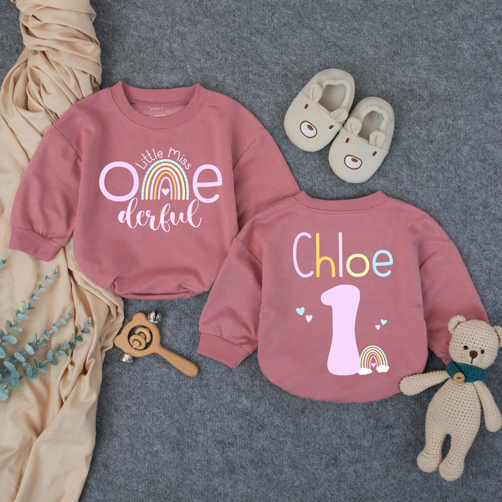 Personalized Little Miss Onederful Birthday Romper with Rainbow Design First Birthday Outfit for Baby Girl Custom Name Party Gift