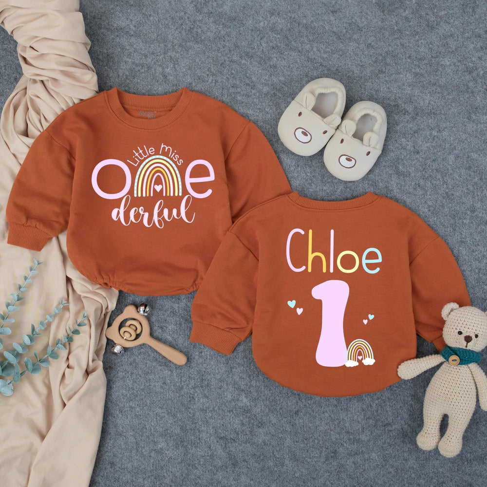 Personalized Little Miss Onederful Birthday Romper with Rainbow Design First Birthday Outfit for Baby Girl Custom Name Party Gift