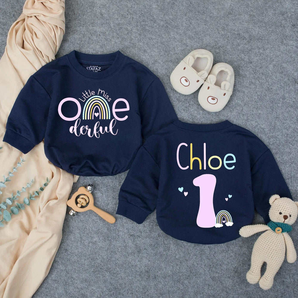Personalized Little Miss Onederful Birthday Romper with Rainbow Design First Birthday Outfit for Baby Girl Custom Name Party Gift