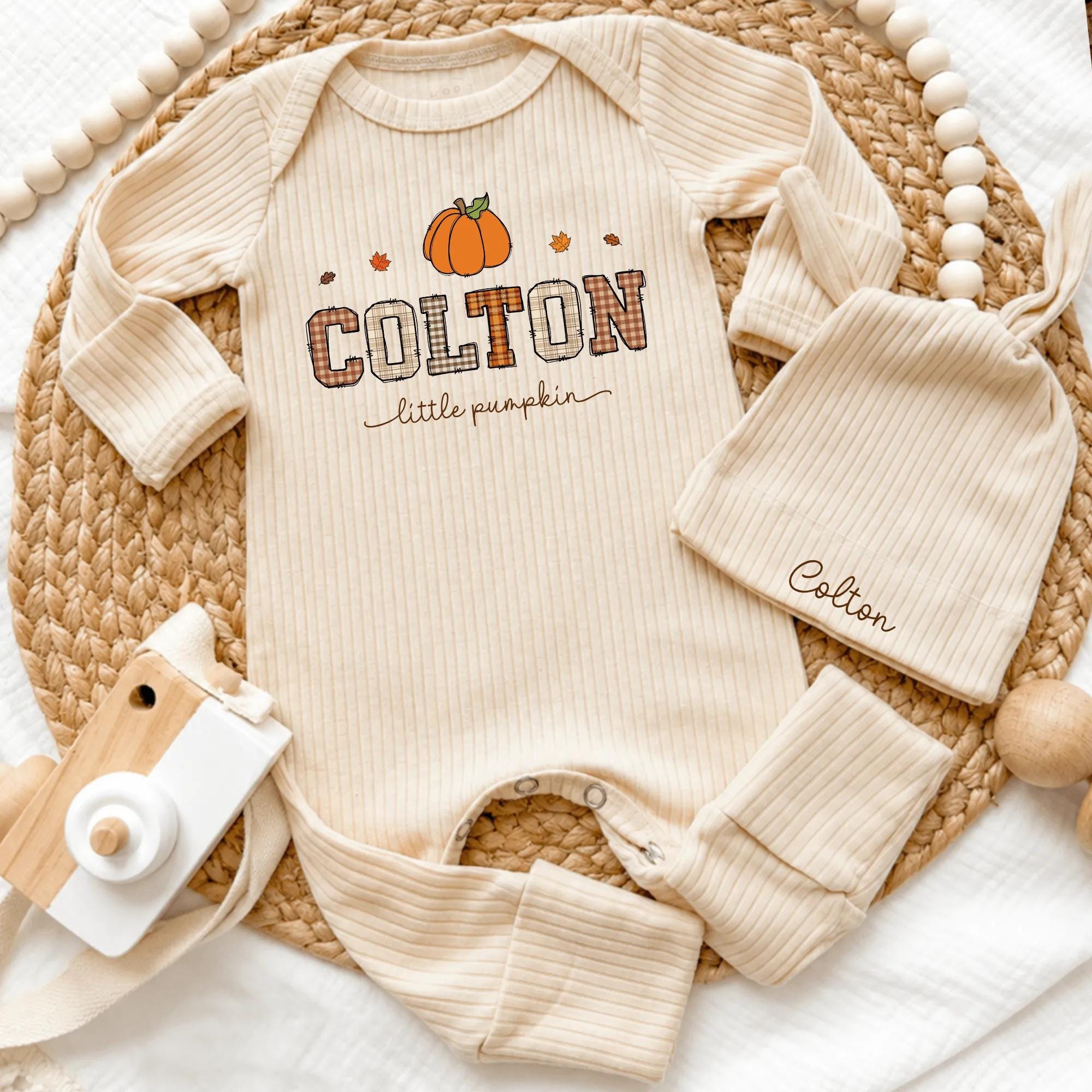 Personalized Little Pumpkin Baby Bodysuit and Hat Set with Baby Name, Ribbed Cotton Fall Outfit, Newborn Coming Home or Baby Shower Gift