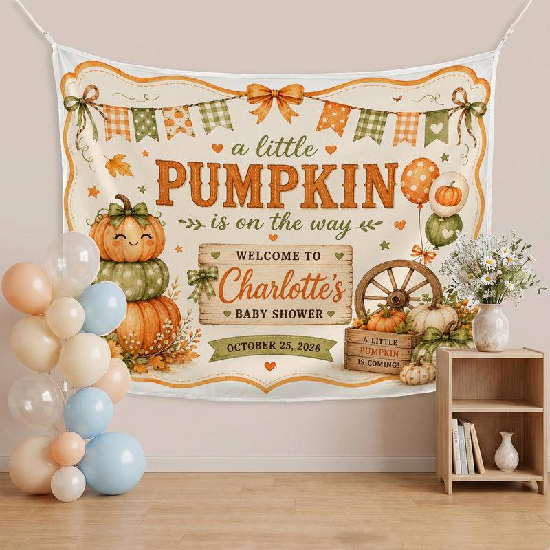 Personalized Little Pumpkin Baby Shower Banner Rustic Fall Party Backdrop Autumn Decor with Name and Date Warm Seasonal Celebration