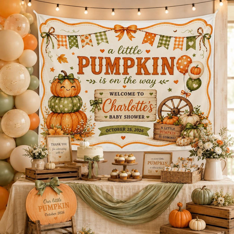 Personalized Little Pumpkin Baby Shower Banner Rustic Fall Party Backdrop Autumn Decor with Name and Date Warm Seasonal Celebration