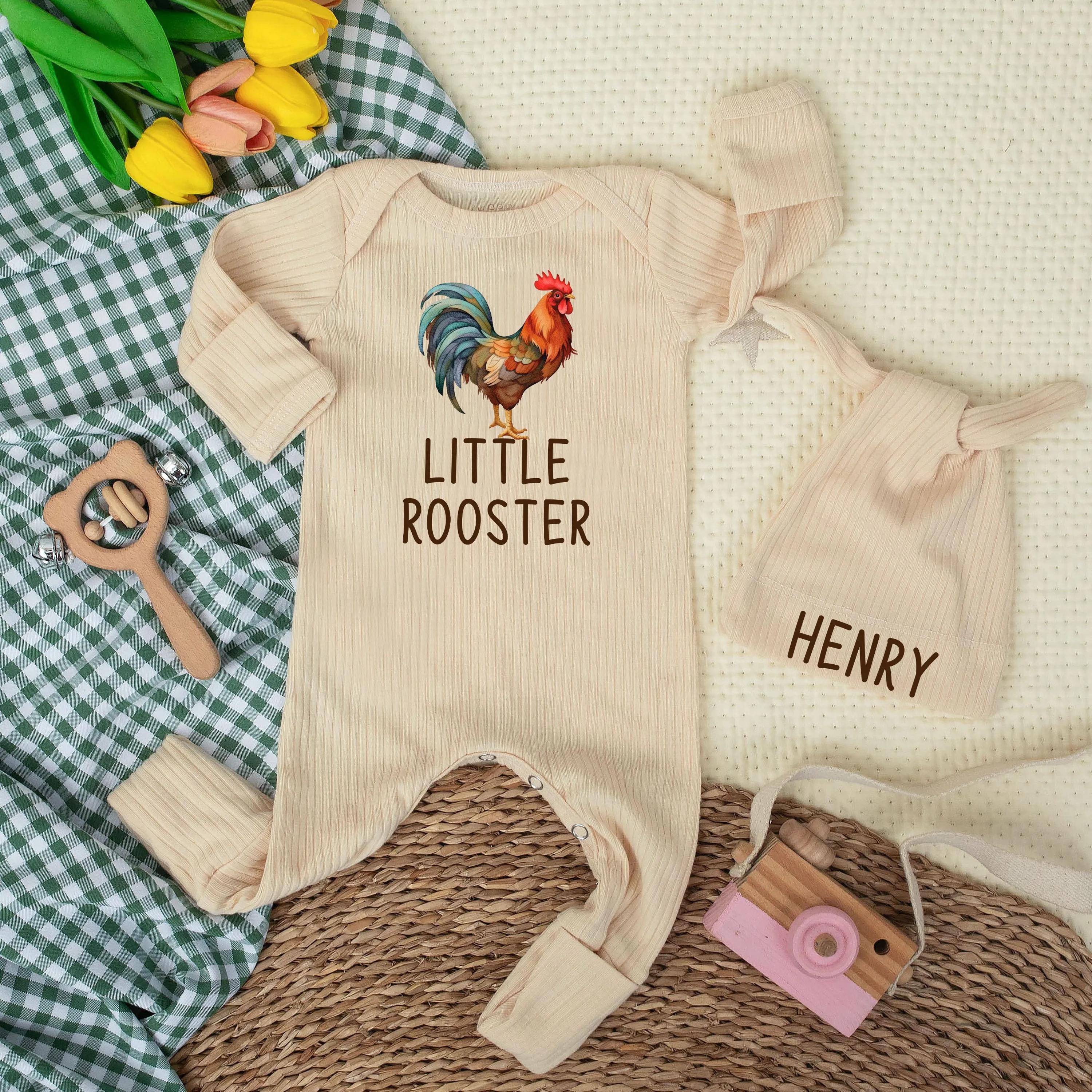 Personalized Little Rooster Baby Bodysuit with Custom Name Hat, Newborn Coming Home Outfit, Farm Animal Baby Shower Gift for Boys