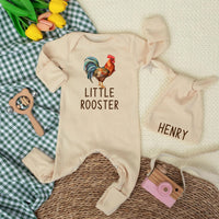 Personalized Little Rooster Baby Bodysuit with Custom Name Hat, Newborn Coming Home Outfit, Farm Animal Baby Shower Gift for Boys