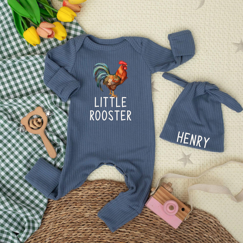 Personalized Little Rooster Baby Bodysuit with Custom Name Hat, Newborn Coming Home Outfit, Farm Animal Baby Shower Gift for Boys