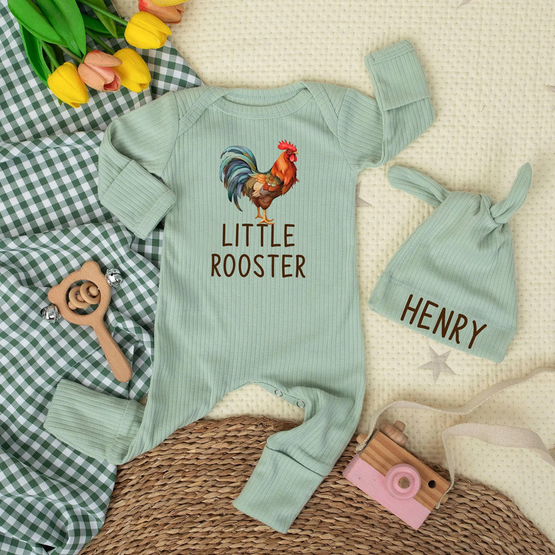 Personalized Little Rooster Baby Bodysuit with Custom Name Hat, Newborn Coming Home Outfit, Farm Animal Baby Shower Gift for Boys