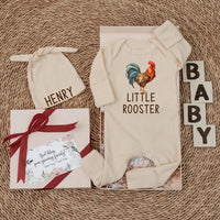 Personalized Little Rooster Baby Bodysuit with Custom Name Hat, Newborn Coming Home Outfit, Farm Animal Baby Shower Gift for Boys
