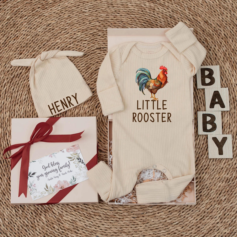 Personalized Little Rooster Baby Bodysuit with Custom Name Hat, Newborn Coming Home Outfit, Farm Animal Baby Shower Gift for Boys