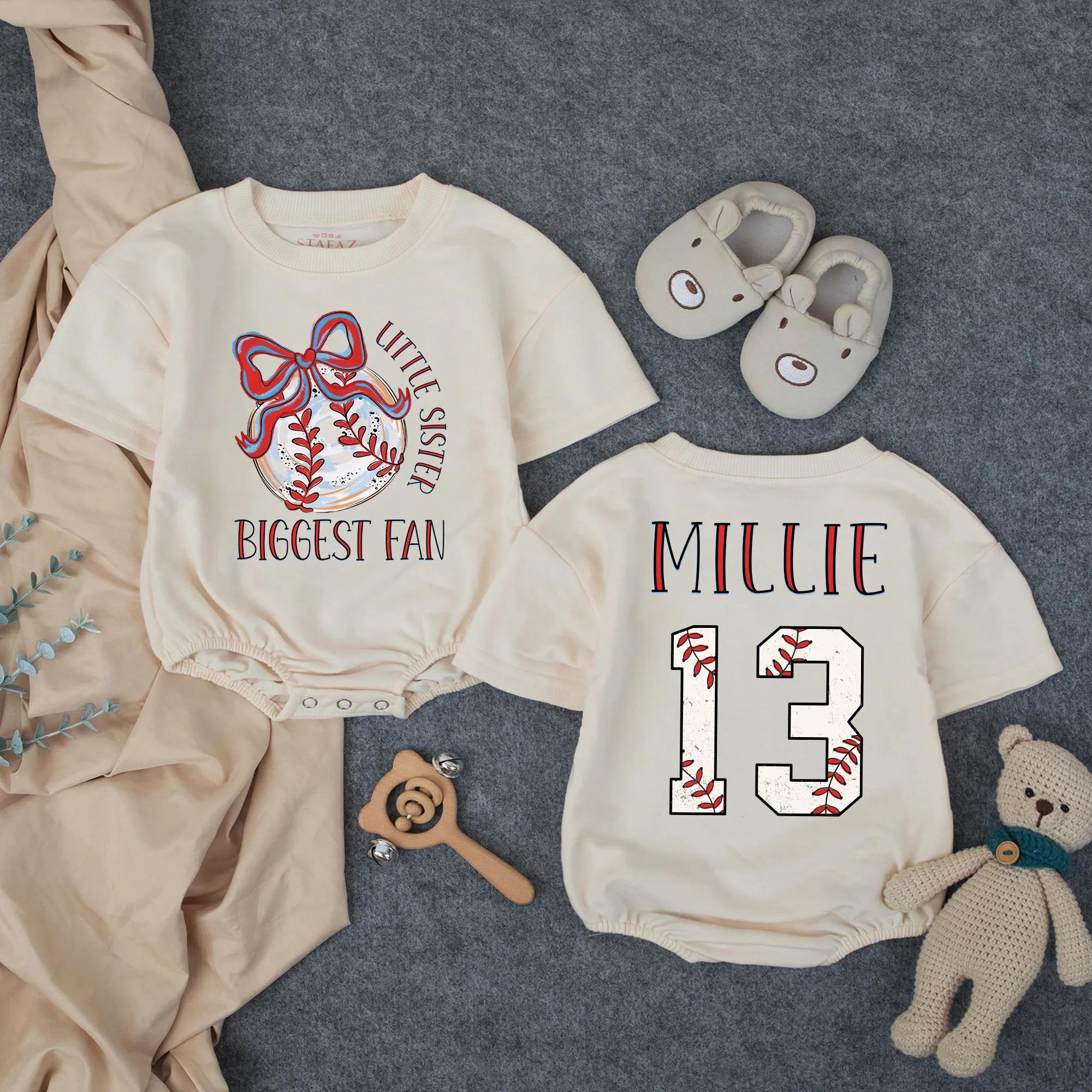Personalized Little Sister Baseball Romper Game Day Baby Outfit with Name and Number Vintage Distressed Red White Blue Design