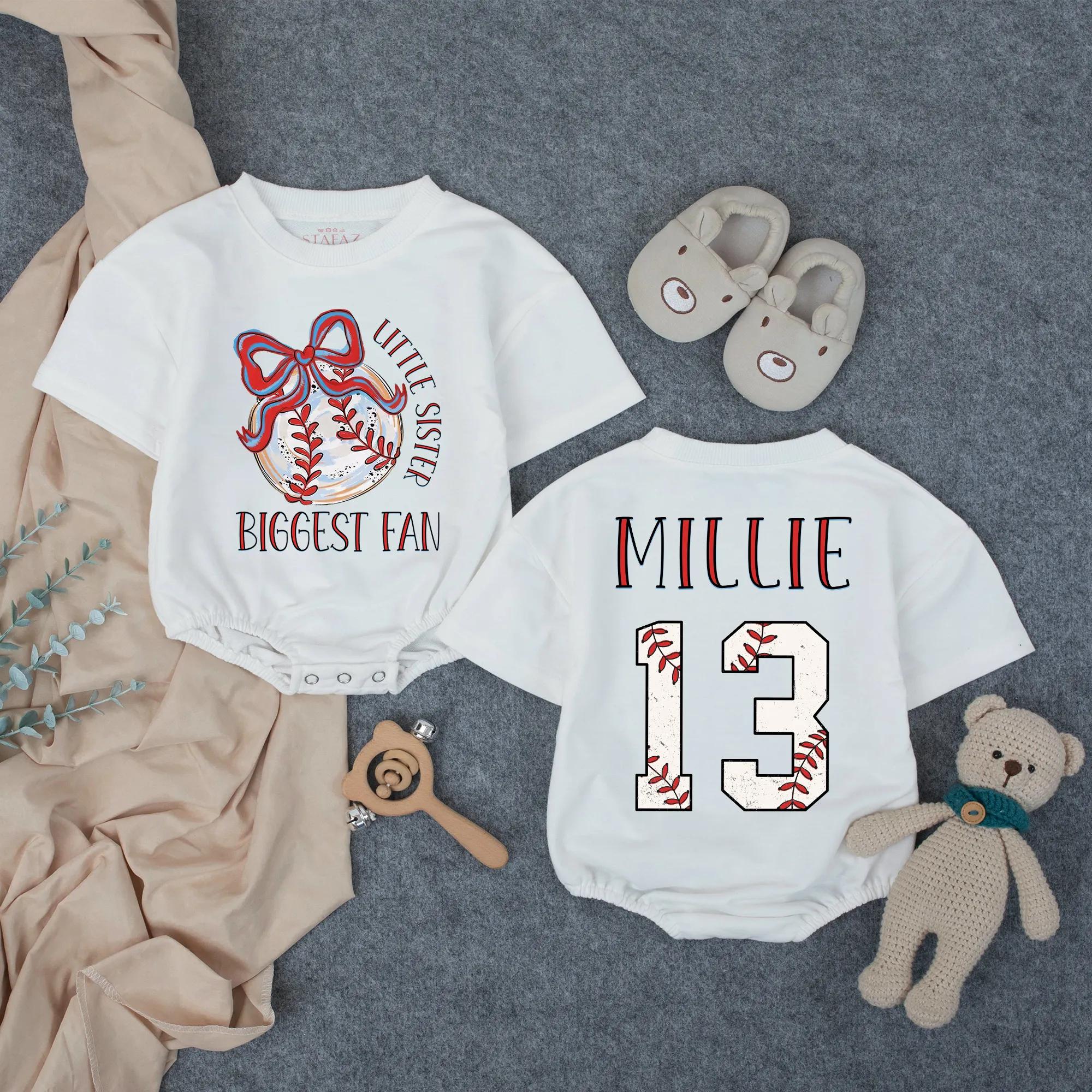 Personalized Little Sister Baseball Romper Game Day Baby Outfit with Name and Number Vintage Distressed Red White Blue Design