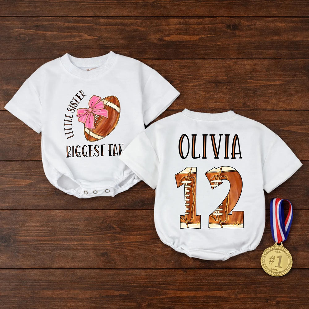Personalized Little Sister Biggest Fan Football Outfit Baby Romper Custom Name Number Game Day Clothes Brown Pink Bow Comfortable