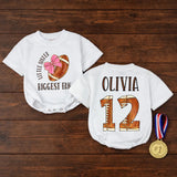 Personalized Little Sister Biggest Fan Football Outfit Baby Romper Custom Name Number Game Day Clothes Brown Pink Bow Comfortable