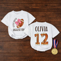 Personalized Little Sister Biggest Fan Football Outfit Baby Romper Custom Name Number Game Day Clothes Brown Pink Bow Comfortable