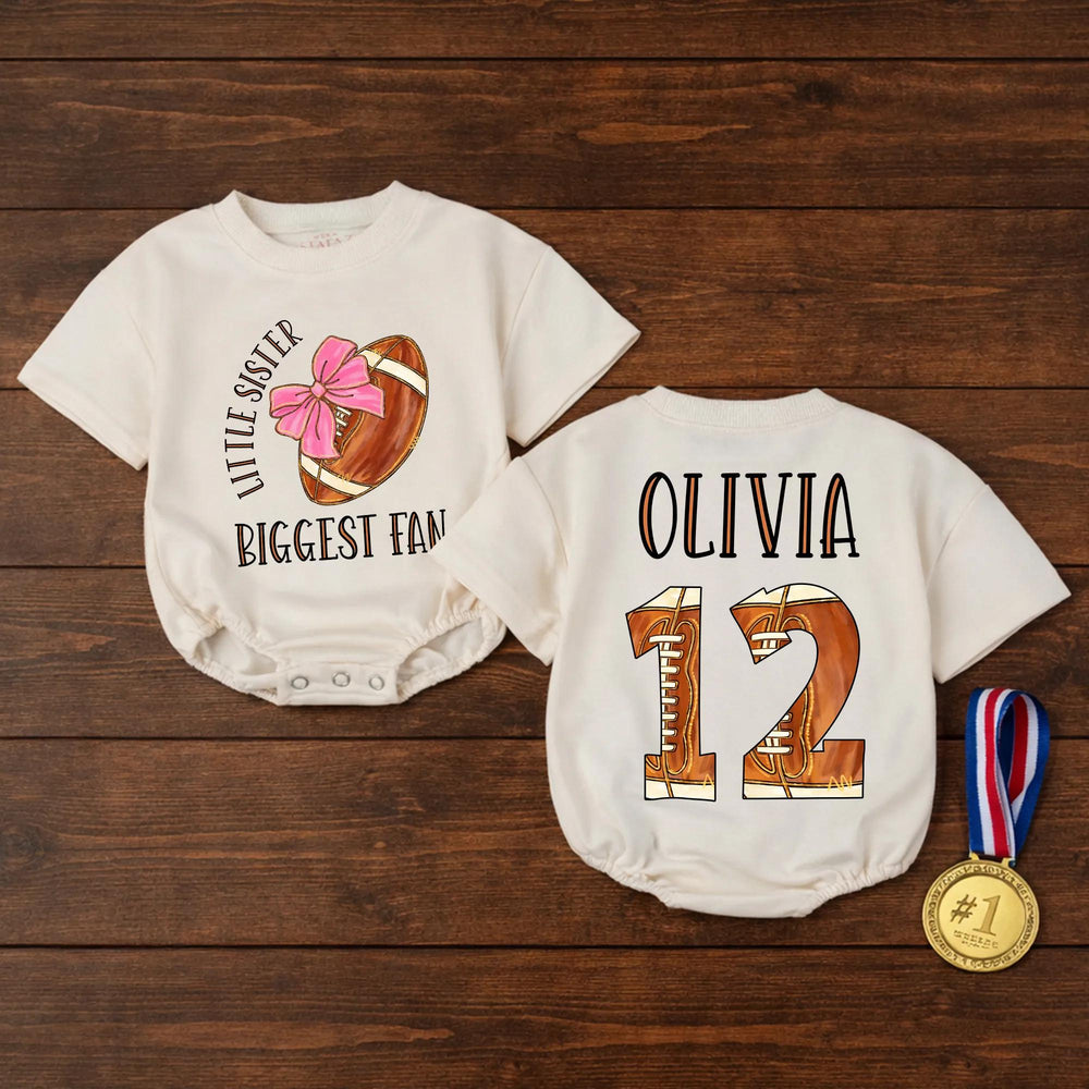 Personalized Little Sister Biggest Fan Football Outfit Baby Romper Custom Name Number Game Day Clothes Brown Pink Bow Comfortable