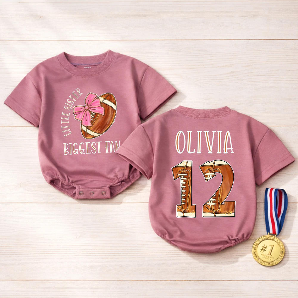 Personalized Little Sister Biggest Fan Football Outfit Baby Romper Custom Name Number Game Day Clothes Brown Pink Bow Comfortable