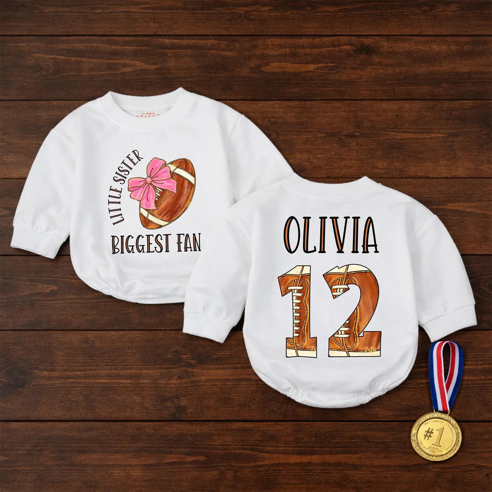 Personalized Little Sister Biggest Fan Football Outfit Baby Romper Custom Name Number Game Day Clothes Brown Pink Bow Comfortable
