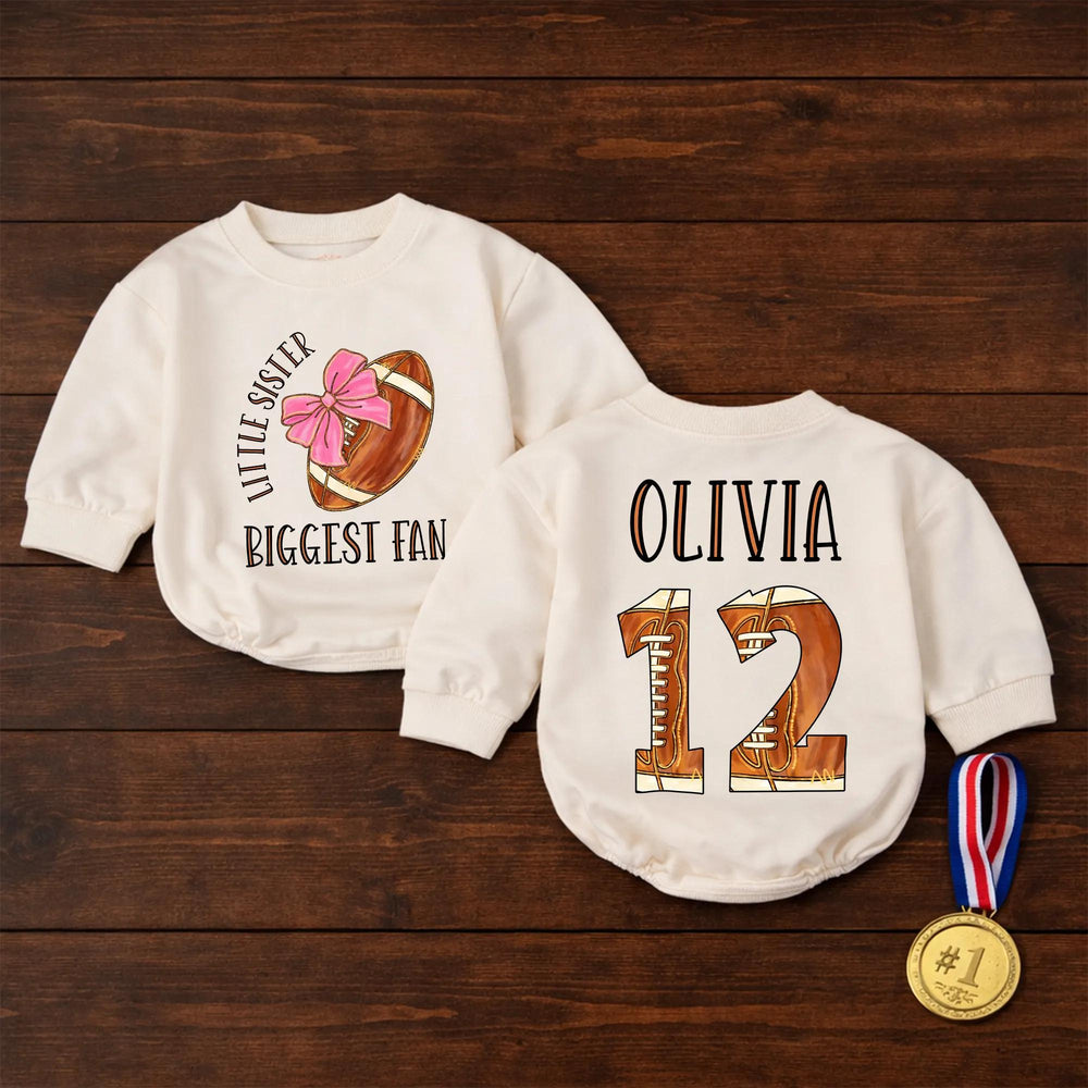 Personalized Little Sister Biggest Fan Football Outfit Baby Romper Custom Name Number Game Day Clothes Brown Pink Bow Comfortable