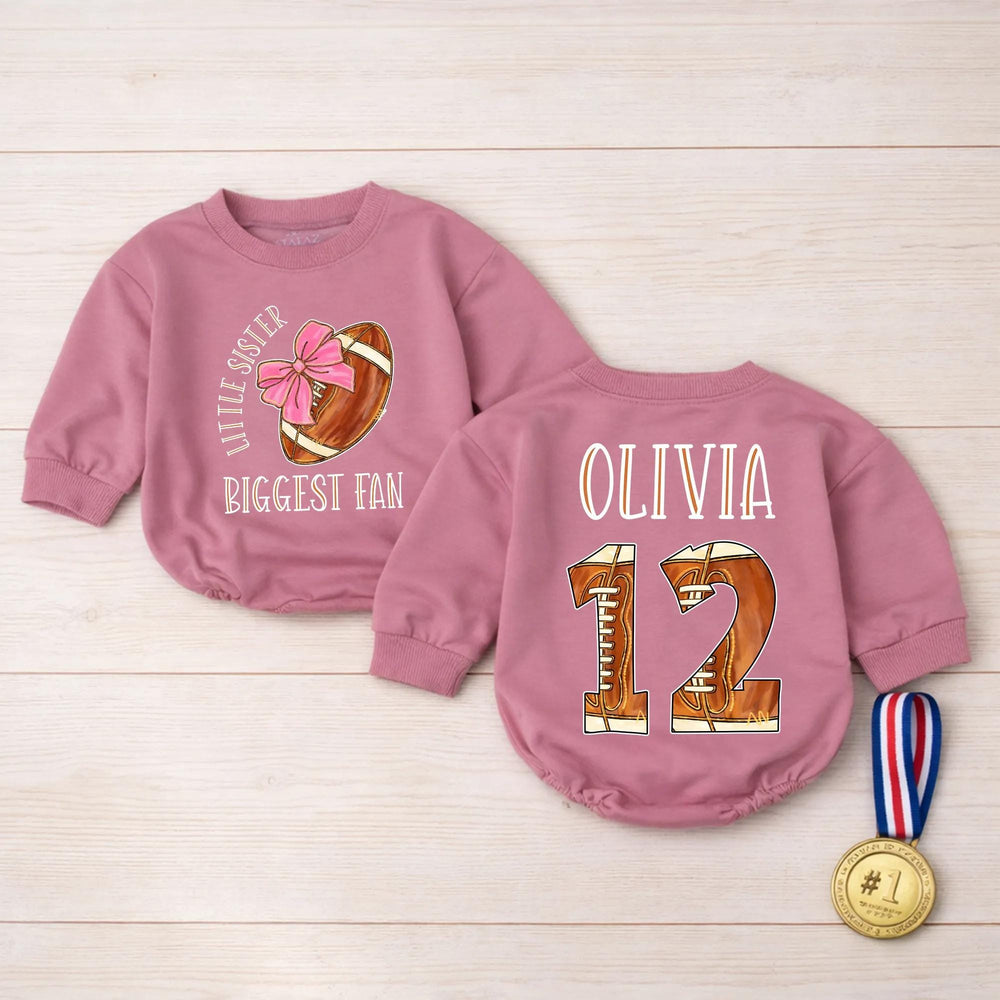 Personalized Little Sister Biggest Fan Football Outfit Baby Romper Custom Name Number Game Day Clothes Brown Pink Bow Comfortable