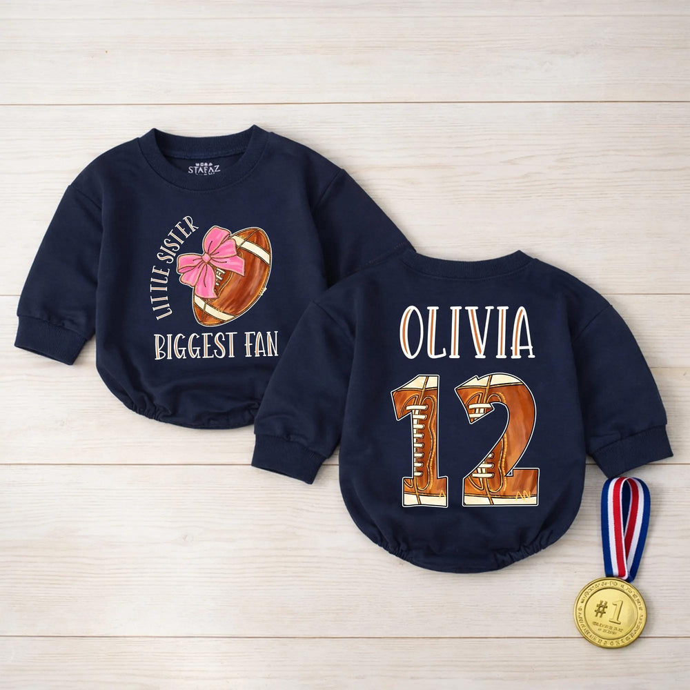 Personalized Little Sister Biggest Fan Football Outfit Baby Romper Custom Name Number Game Day Clothes Brown Pink Bow Comfortable