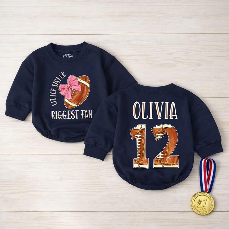 Personalized Little Sister Biggest Fan Football Outfit Baby Romper Custom Name Number Game Day Clothes Brown Pink Bow Comfortable