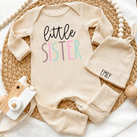 Personalized Little Sister Ribbed Knotted Bodysuit and Hat Set for Newborn Girls, Custom Baby Name Outfit, Soft Cotton Homecoming Gift