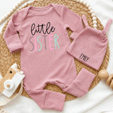 Personalized Little Sister Ribbed Knotted Bodysuit and Hat Set for Newborn Girls, Custom Baby Name Outfit, Soft Cotton Homecoming Gift
