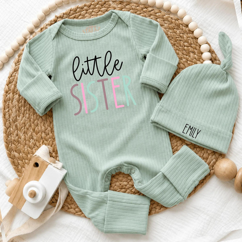Personalized Little Sister Ribbed Knotted Bodysuit and Hat Set for Newborn Girls, Custom Baby Name Outfit, Soft Cotton Homecoming Gift