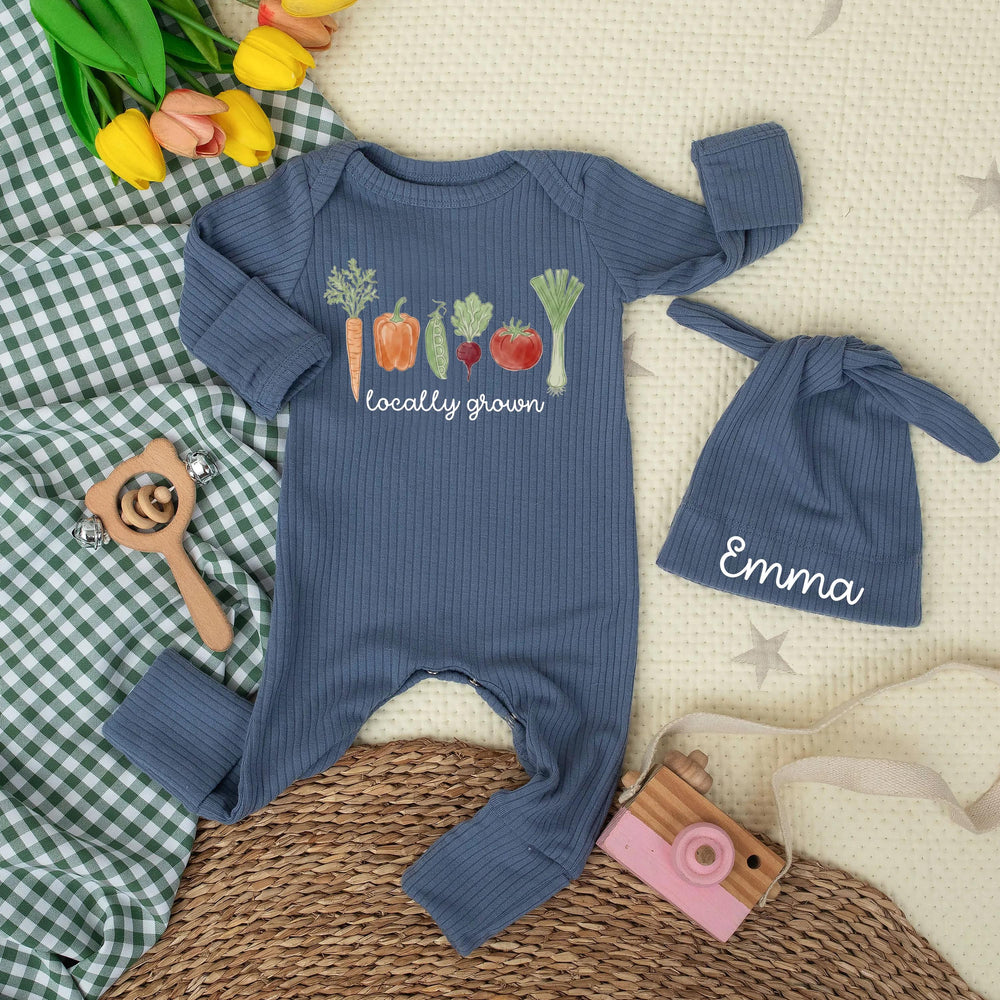Personalized Locally Grown Baby Bodysuit with Farm Veggie Design Soft Cotton Infant Outfit Unique Garden Baby Shower Gift