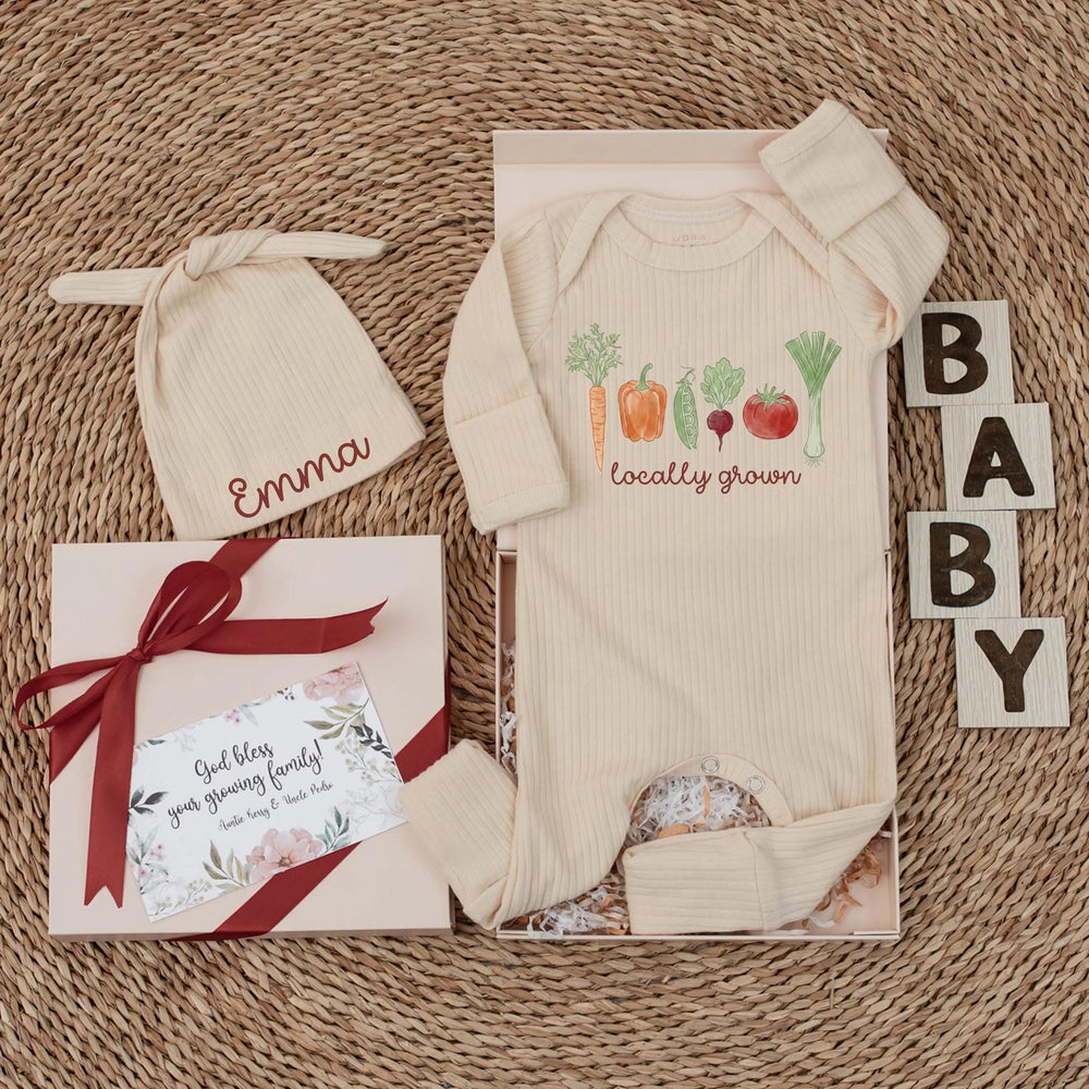 Personalized Locally Grown Baby Bodysuit with Farm Veggie Design Soft Cotton Infant Outfit Unique Garden Baby Shower Gift