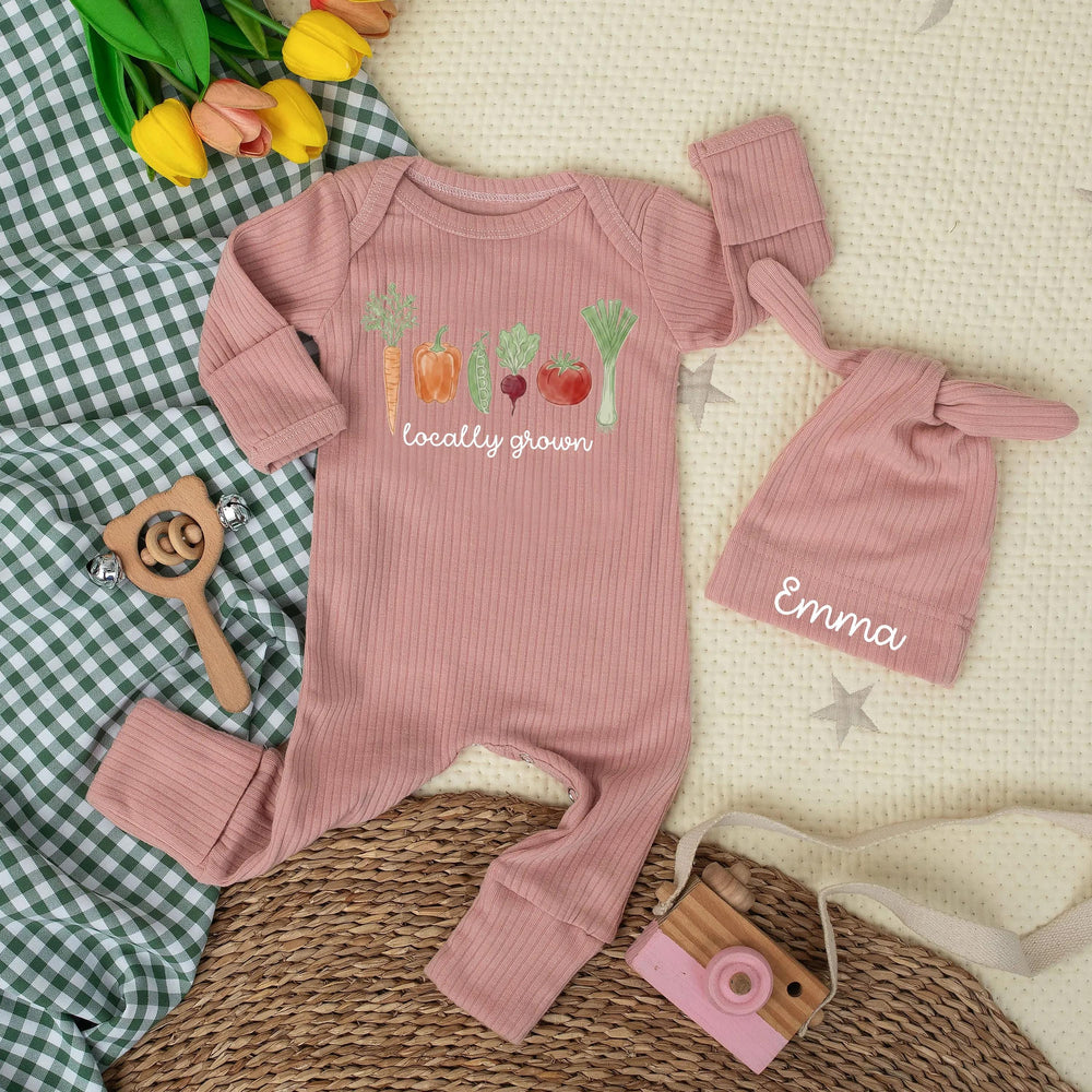 Personalized Locally Grown Baby Bodysuit with Farm Veggie Design Soft Cotton Infant Outfit Unique Garden Baby Shower Gift