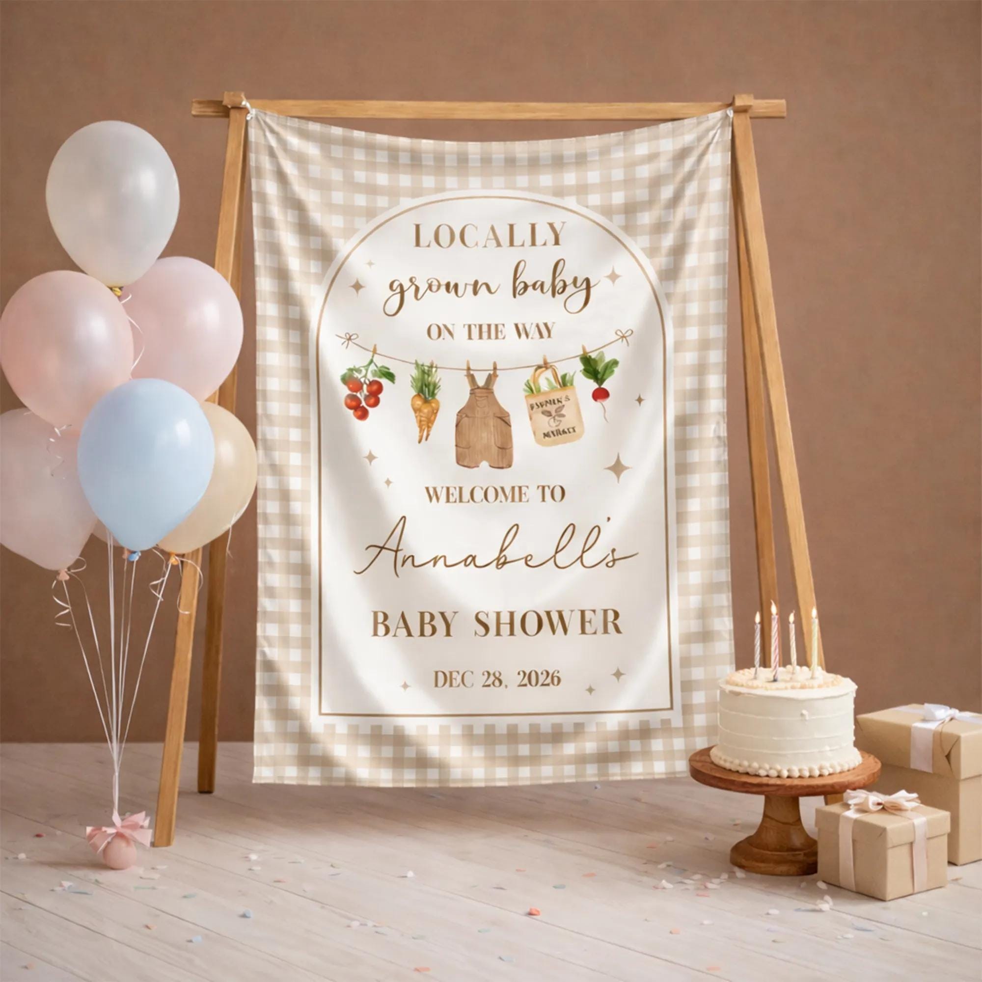 Personalized Locally Grown Baby Shower Silk Sign with Gingham Frame, Watercolor Veggie Clothesline, Rustic Neutral Welcome Banner Decor