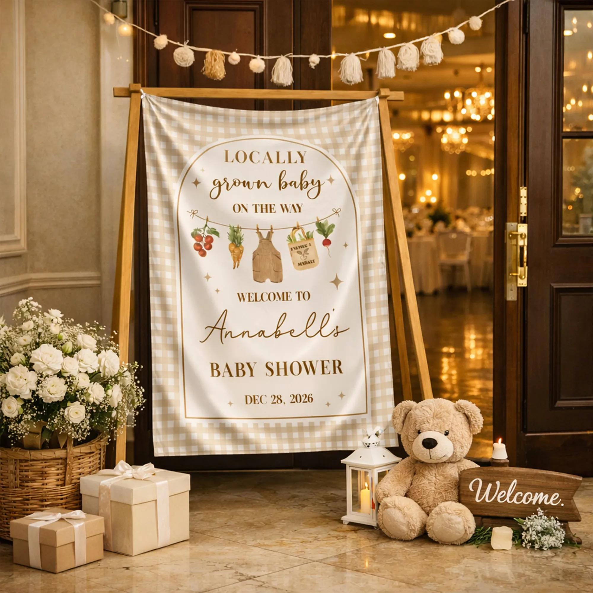 Personalized Locally Grown Baby Shower Silk Sign with Gingham Frame, Watercolor Veggie Clothesline, Rustic Neutral Welcome Banner Decor
