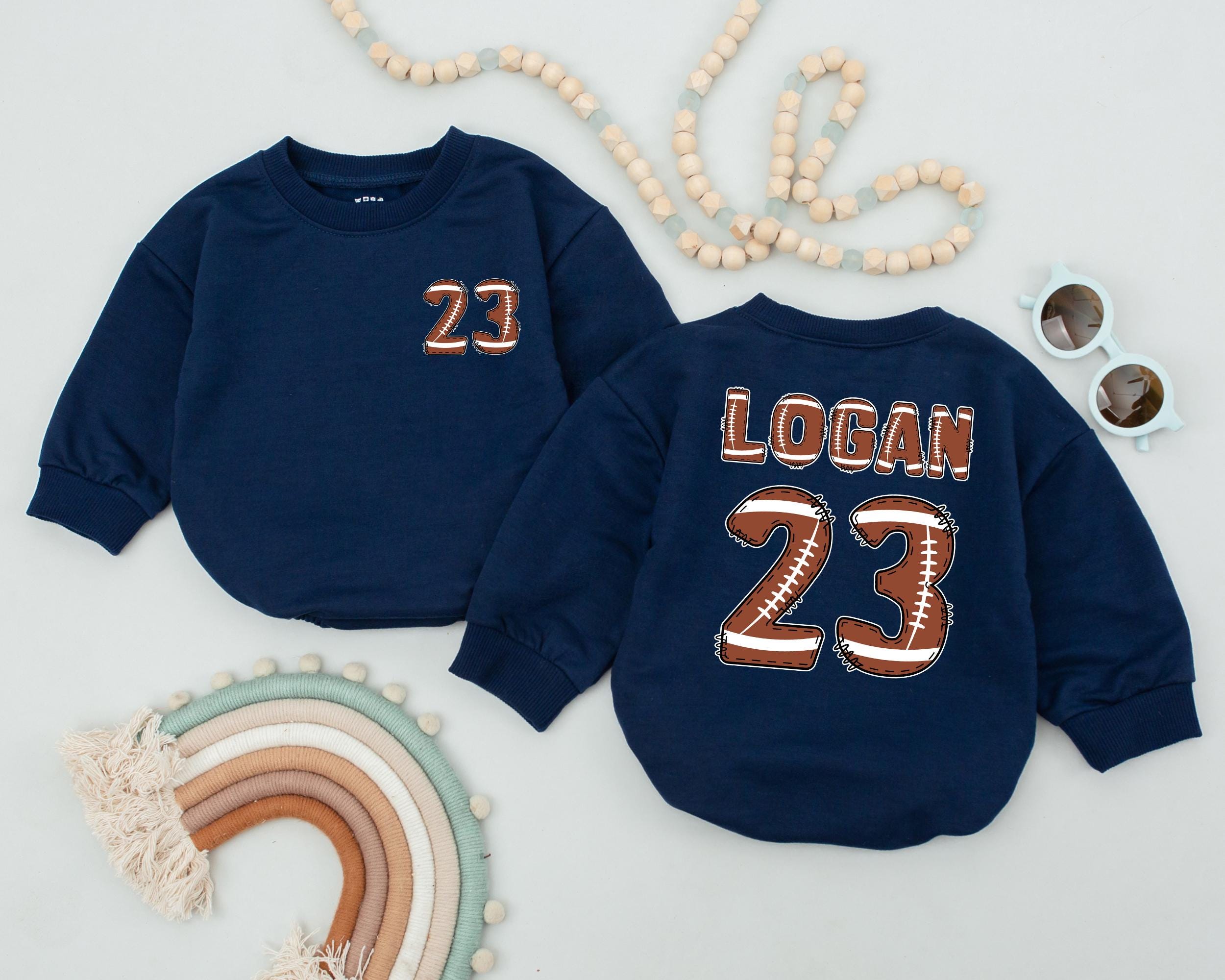 Personalized Logan 23 Football Baby Romper Sporty Birthday Outfit Brown White Soft Cotton