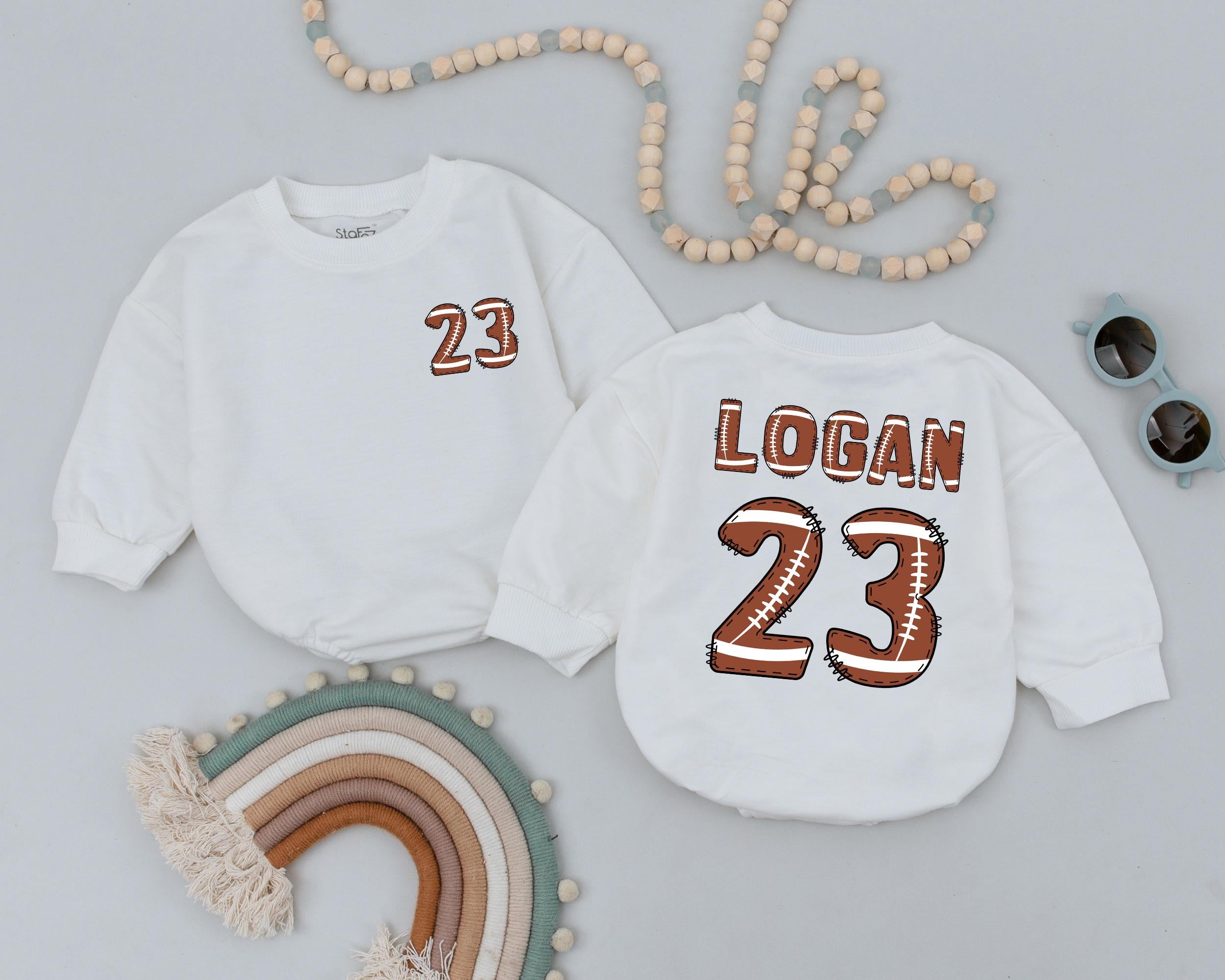 Personalized Logan 23 Football Baby Romper Sporty Birthday Outfit Brown White Soft Cotton