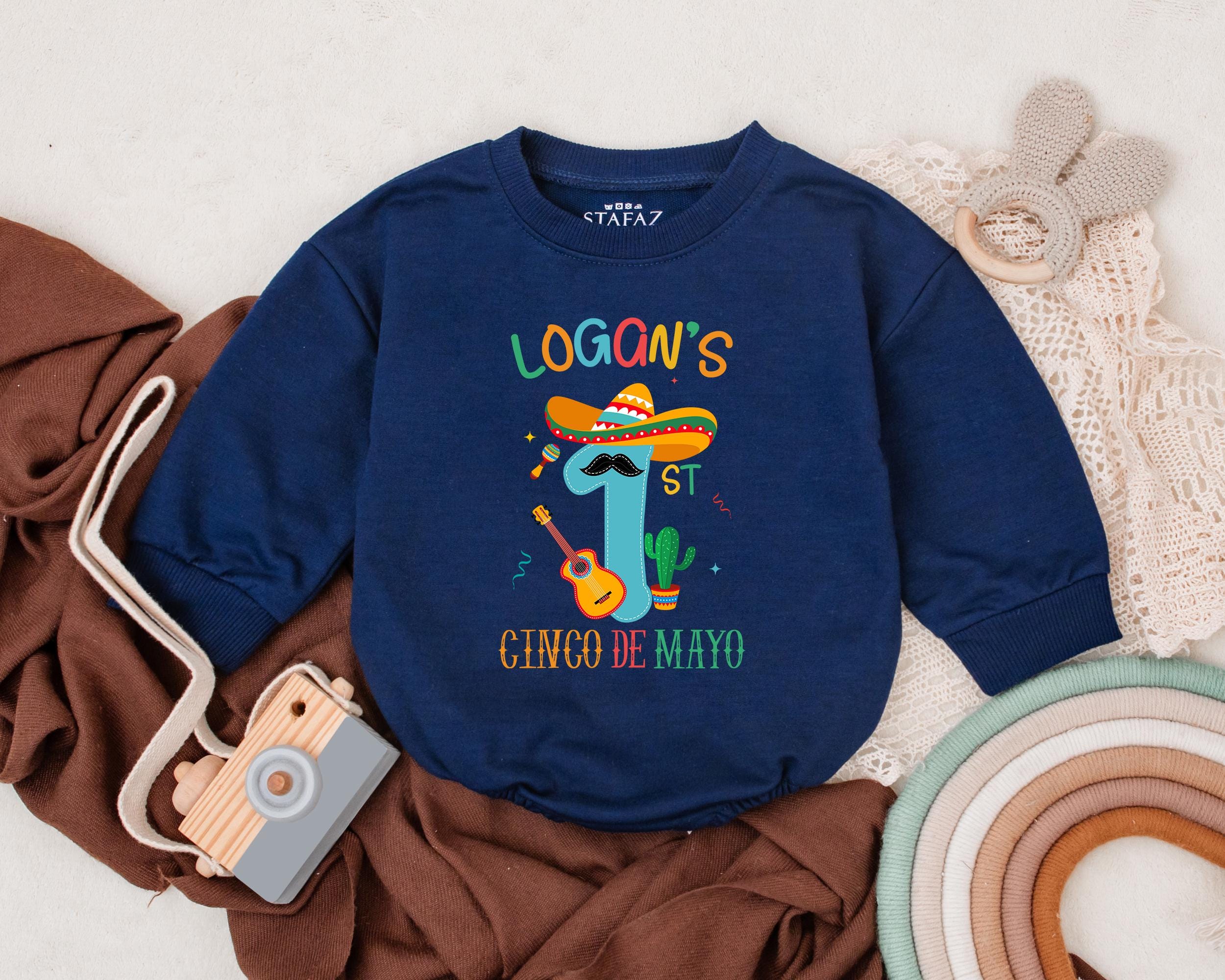 Personalized Logan's 1st Cinco de Mayo Baby Romper Mexican Fiesta Outfit Colorful Sombrero Design Infant Party Clothes Custom Newborn Gift