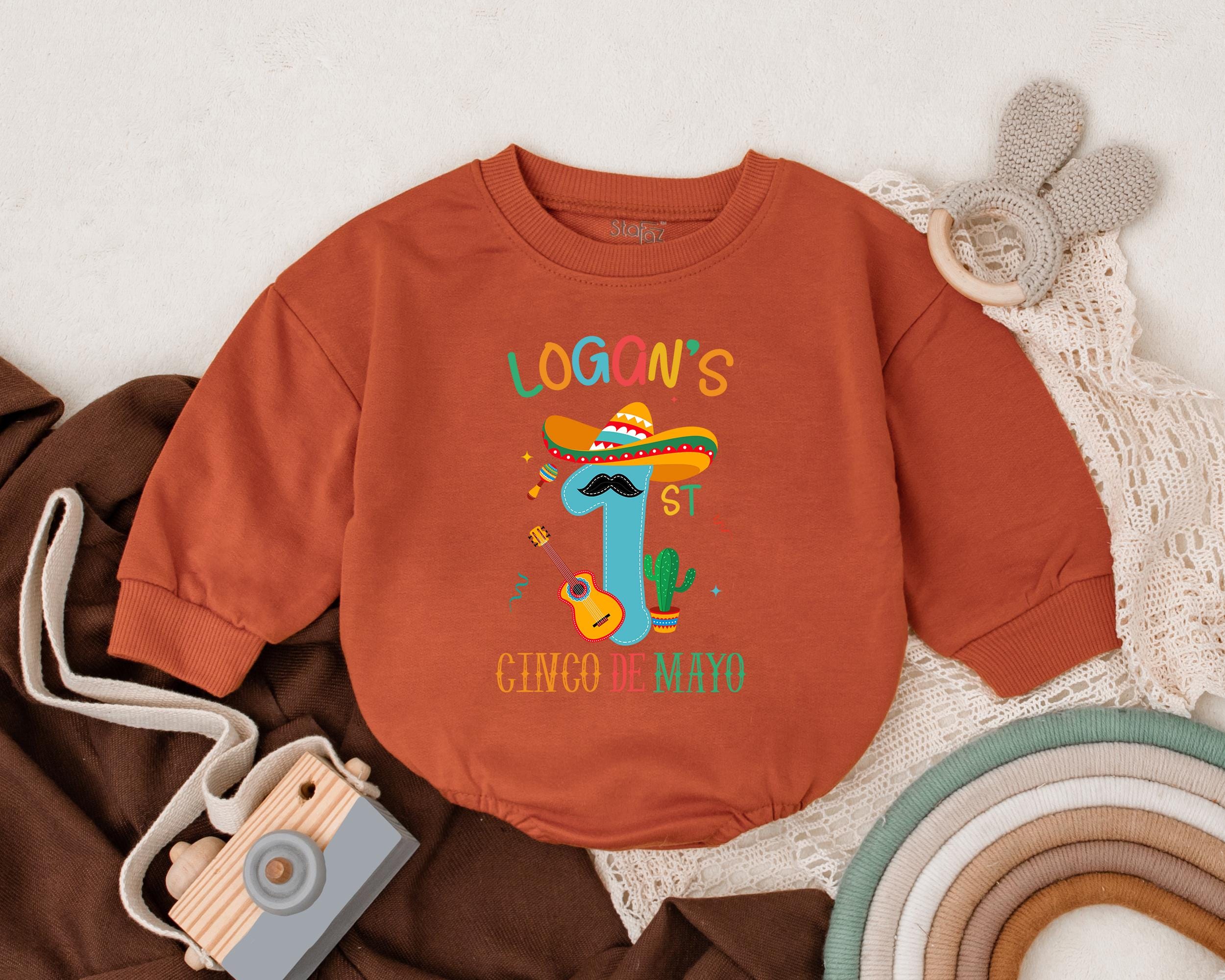 Personalized Logan's 1st Cinco de Mayo Baby Romper Mexican Fiesta Outfit Colorful Sombrero Design Infant Party Clothes Custom Newborn Gift
