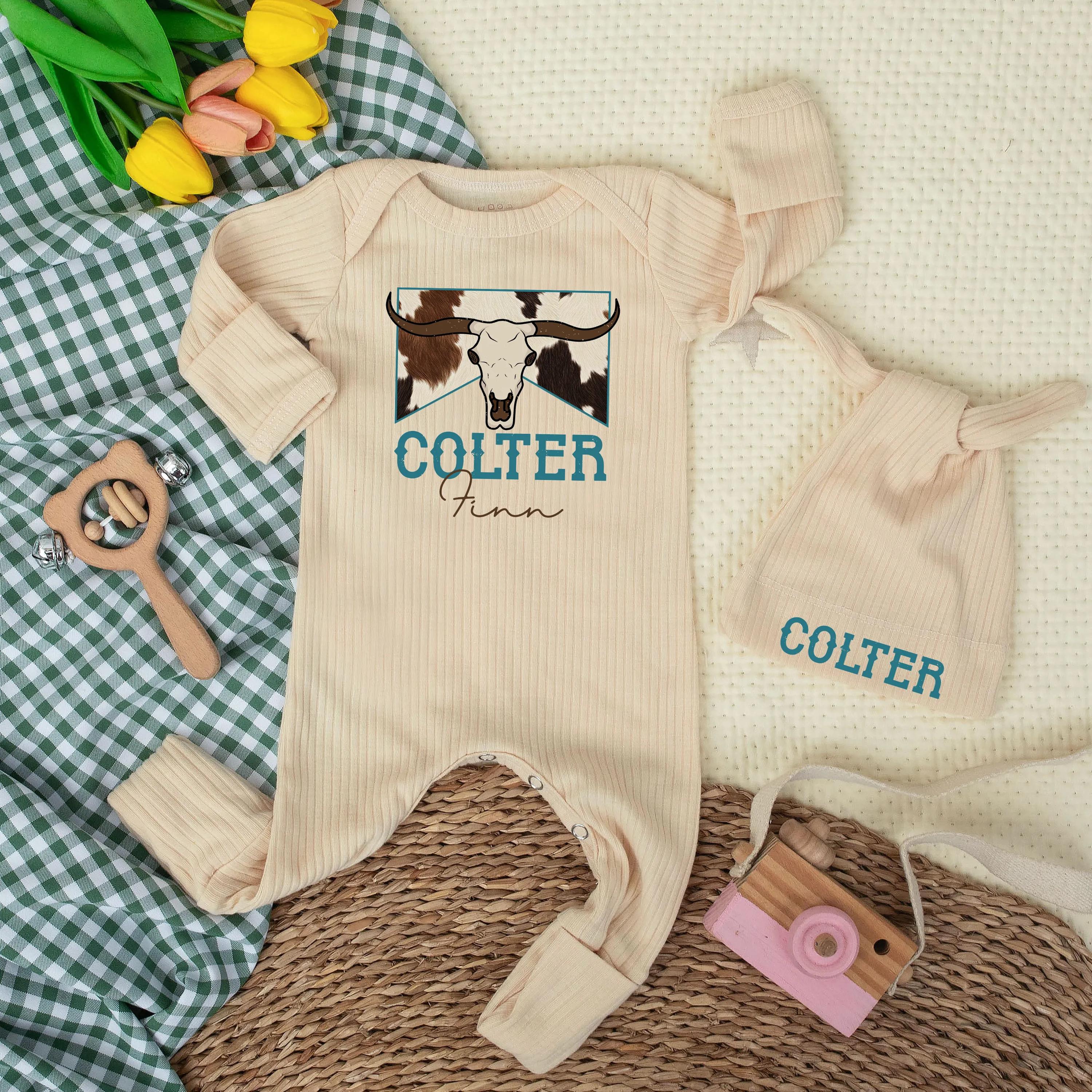 Personalized Longhorn Baby Bodysuit with Western Name Design, Custom Cowboy Newborn Outfit, Rustic Cowhide Print Romper Gift Idea
